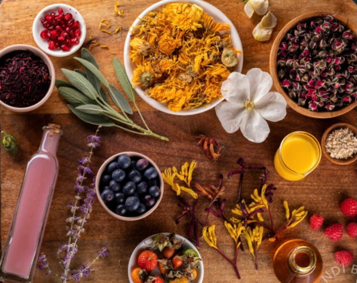 Natures bounty - a selection of ingredients from my garden including Kangaroo Paw Flowers, Roseships, Blueberries, Sage, Hibiscus to name a few